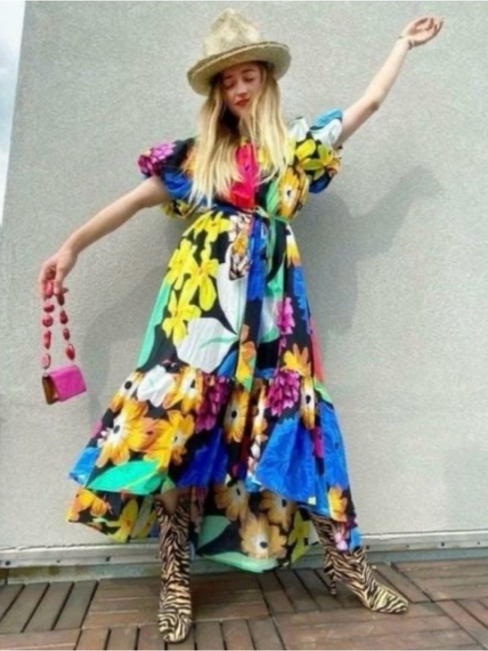 Christopher John Rogers Bold Floral High-Low Dress in Yellow, Blue, Pink & Green